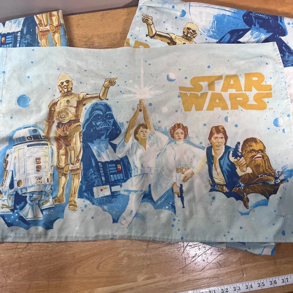 Star Wars Sheet Set Vtg 1977 Twin Blue A New Hope Character Print 4pc Set